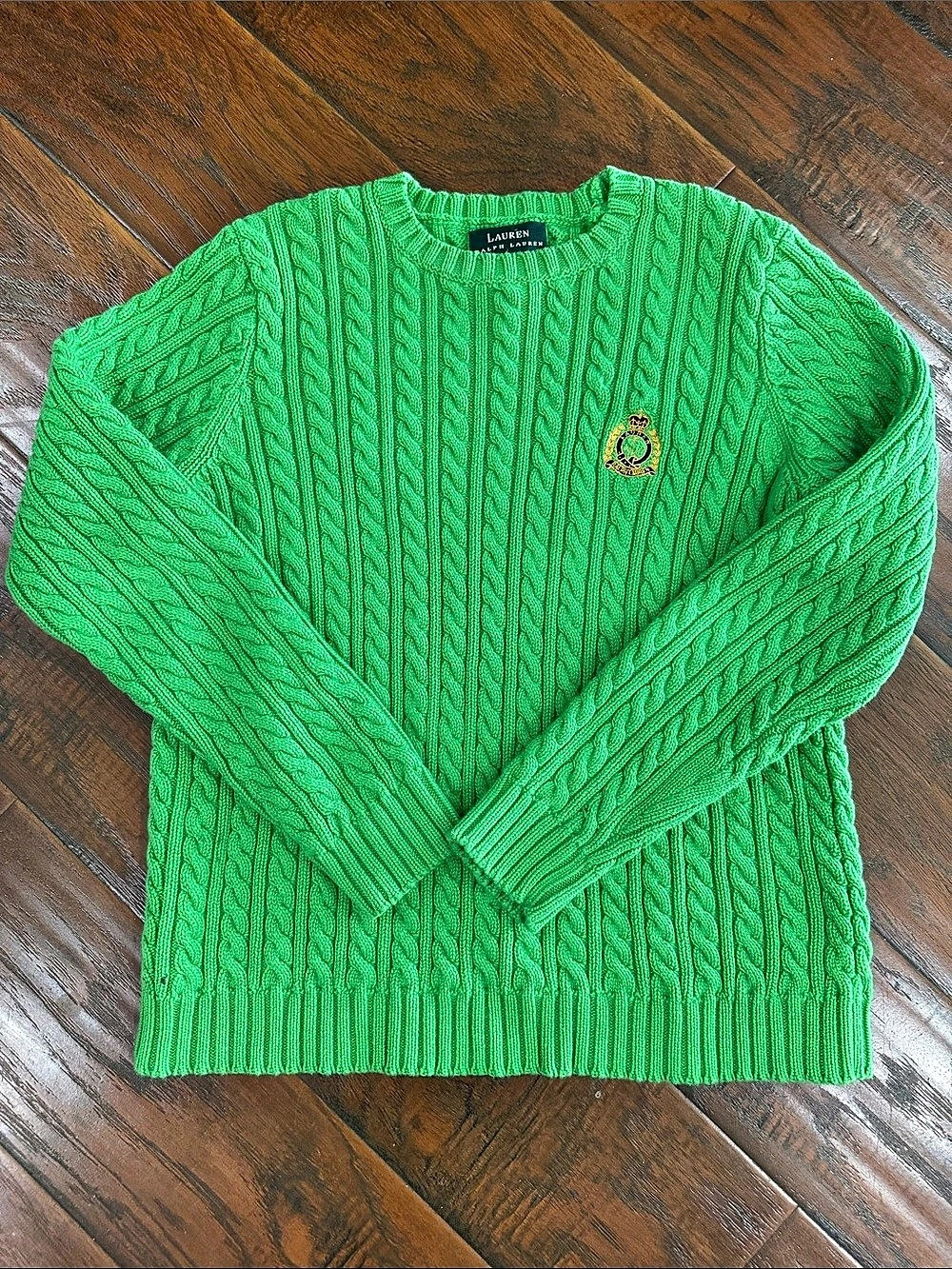 Lauren Ralph Lauren Crest Cable Knit Cotton Sweater Green Small